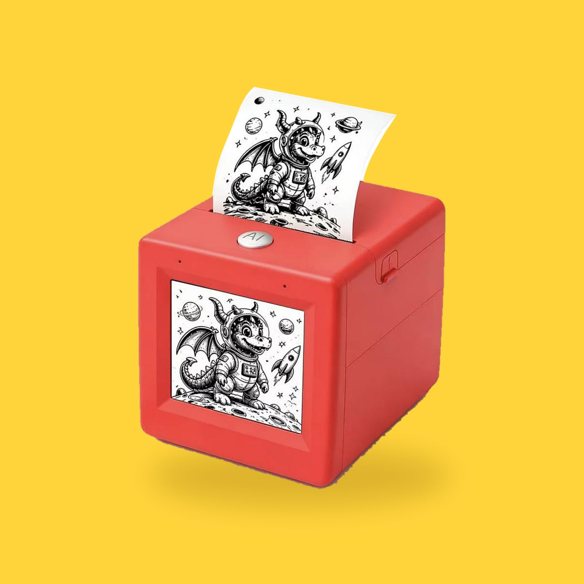 The red Yapadoodle printer with a dragon sticker printing from the top