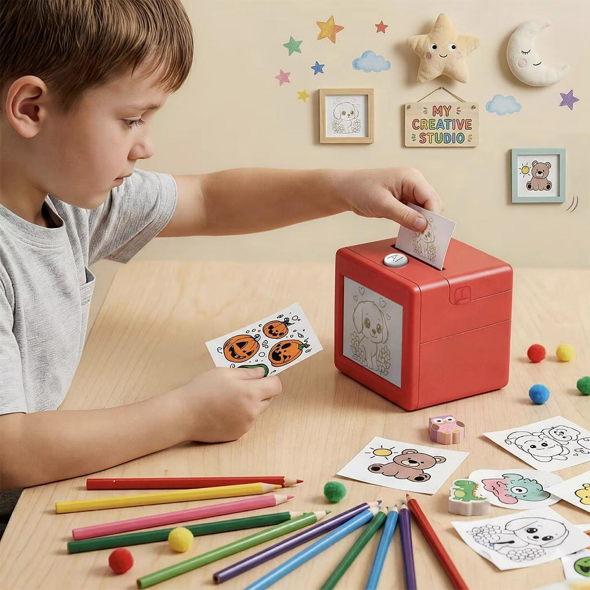 A boy at a desk pulling a sticker out of the printer, with colored pencils and finished stickers around it