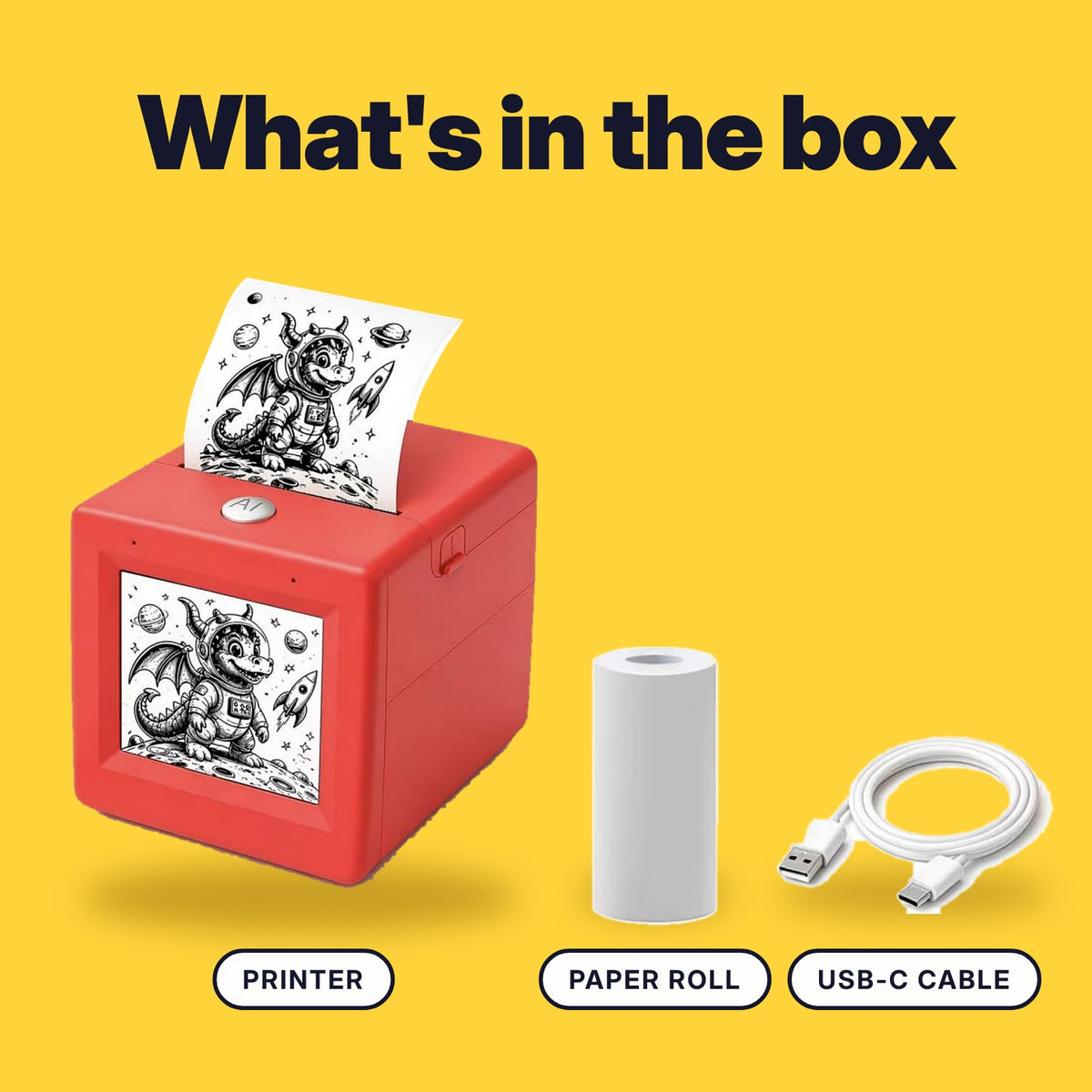 What's in the box: the printer, a paper roll and a USB-C cable